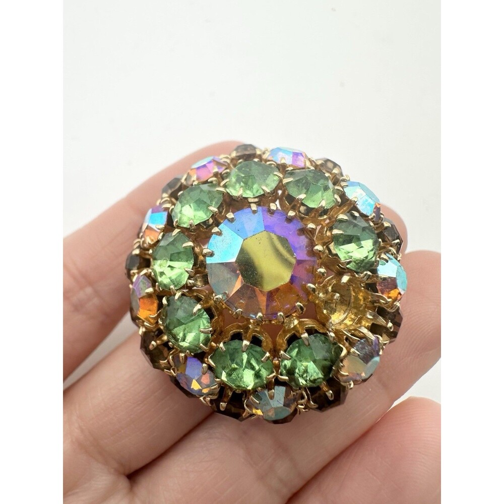 Vintage Aurora Borealis Rhinestone Domed Pin Brooch Missing One Stone